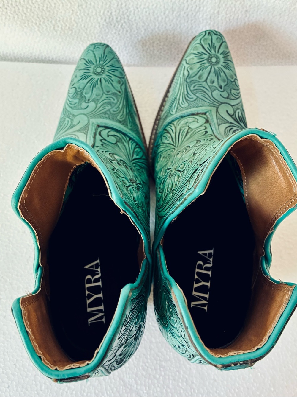 Myra Bag Turquoise Floral Tooled Leather Ankle Booties - Picture 7 of 16